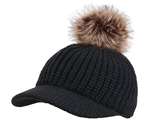 Arctic Paw Kids Cable Knit Beanie with Faux Fur Pompom and Brim Shade