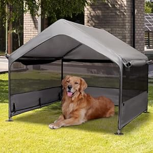 Summertrail Extra Large Dog House Outside, Dog Tent Outdoor, Big Dog Shade Shelter Doghouse Canopy with Three-Sided Breathable Mesh Windows, Gray Sun Rain Cover for Pet Cat Livestock 4’x 4’x 3.3′