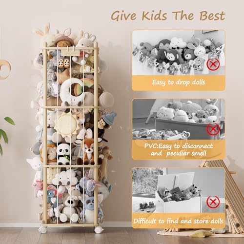 Image of EXPERLAM Stuffed Animal Storage Zoo with Wheels, Montessori-Inspired Solid Pine Wood Plush Toy Organizer, Tall Stuffed Animal Holder with Thick Elastic Cords for Kids Room, Nursery,and Bedroom,Large