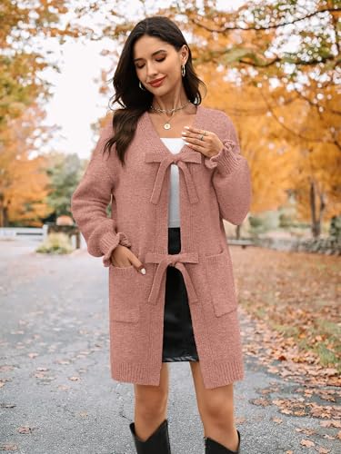 Women's 2025 Long Sleeve Cardigan Sweaters Open Front Bow Tie Up Cardigan with Pockets4