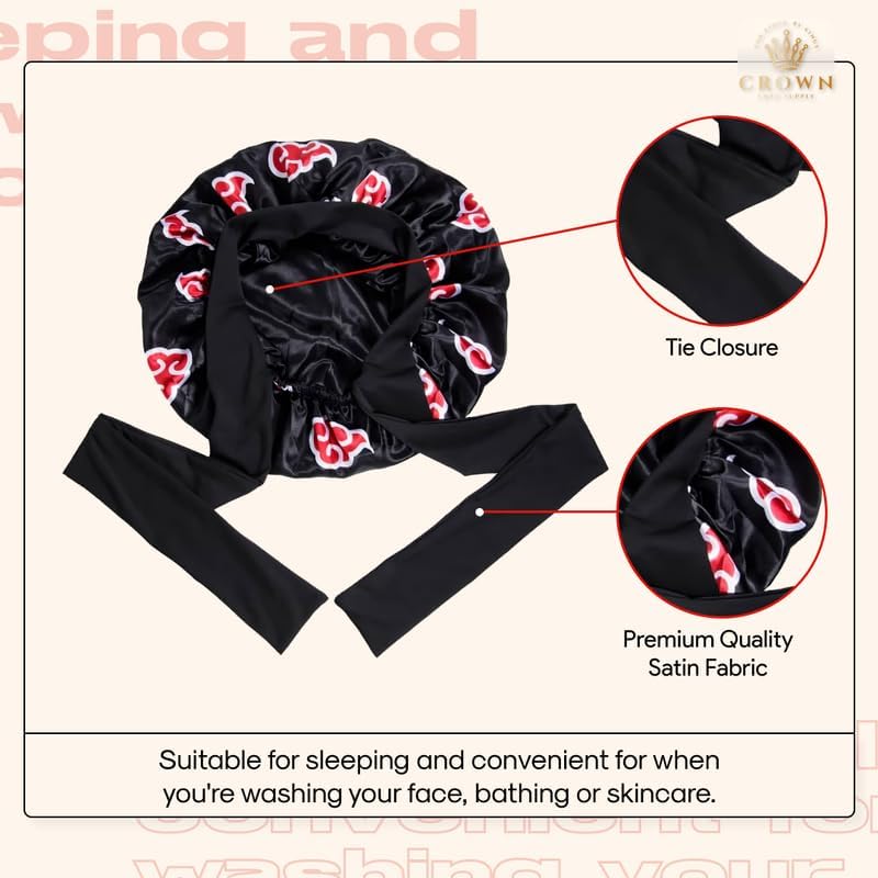 Non Slip Anime Bonnet with Tie Adjustable Women and Men Silky Bonnets for Sleeping Comfortable Satin Fabric, Akat
