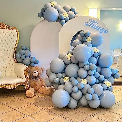 Image of Jobkoo Blue Balloons 113Pcs, Dusty Balloon Arch Garland Kit Different Sizes, 5 10 12 18inch Matte Retro Slate Fog Latex Helium for Boho Birthday Wedding Baby Shower Party Decorations QQ-113