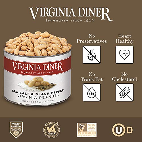 Virginia Diner - Gourmet Natural Sea Salt & Pepper Seasoned Virginia Peanuts, 18 Ounce Tin #TOP2