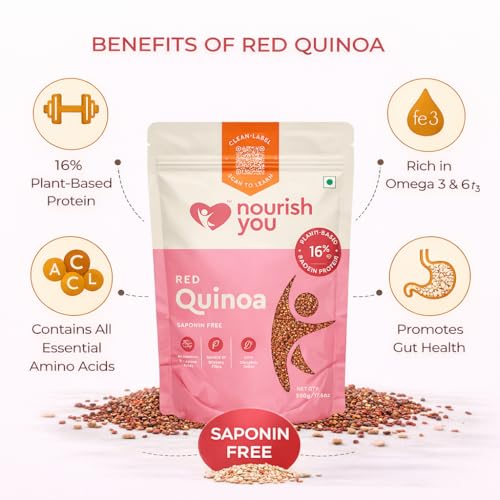 Image of Nourish You Premium Red Quinoa 1Kg | Gluten Free Supergrain | High Protein & Fiber | Rich in Antioxidants | Ideal for Salads, Bowls & Healthy Meals | 500g Pack of 2