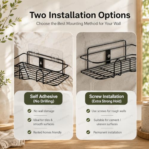 Image of Nieifi KIMEE Set of 2 Metal Bathroom Corner Shelf | Rustproof No-Drill Self Adhesive Wall Mounted Storage Rack for Bathroom and Kitchen | Heavy Duty Shower Caddy Organizer, 8 and 9 Inch, Black