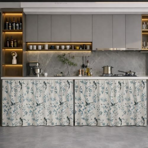 Image of LINENWALAS Under Sink Curtain for Kitchen - Pack of 2 | 150x70 cm Cotton Under-Sink Cover | Washable Storage-Hiding Curtain with Rod Pocket | Kitchen & Bathroom Cabinet Cover (Bird Paradise)
