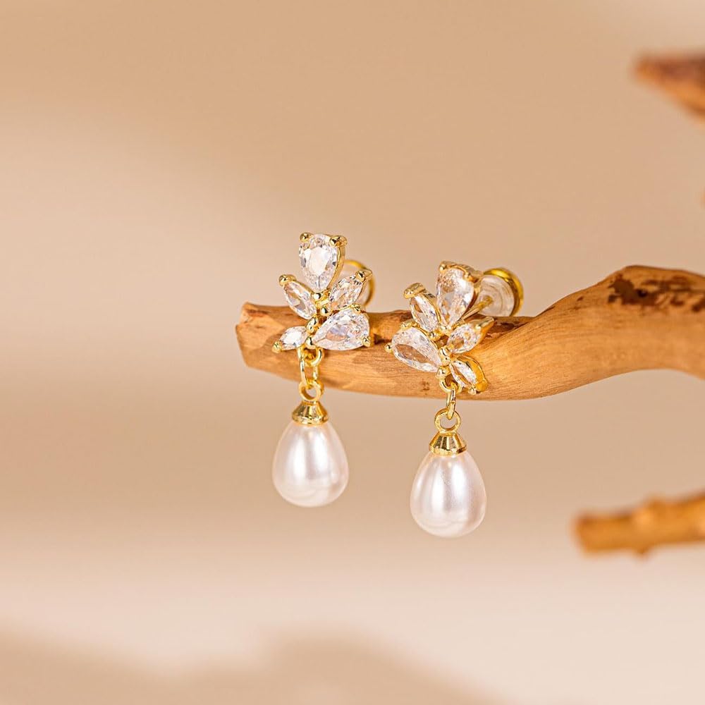 Pearl Drop Earrings for Women Gold Wedding Dangle Earrings for Brides Trendy Teardrop Pearl Rhinestone Earring Simple Aesthetic Jewelry Accessories - Image 6