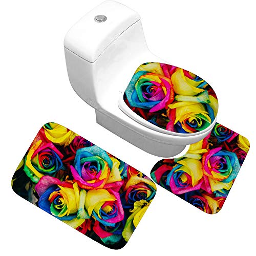 Badvorleger Set,Badematten Teppich-Set 3-Teilig Bunte Rosen Blume 3D-Druck Rutschfeste Badematten Weiche Mikrofaser…