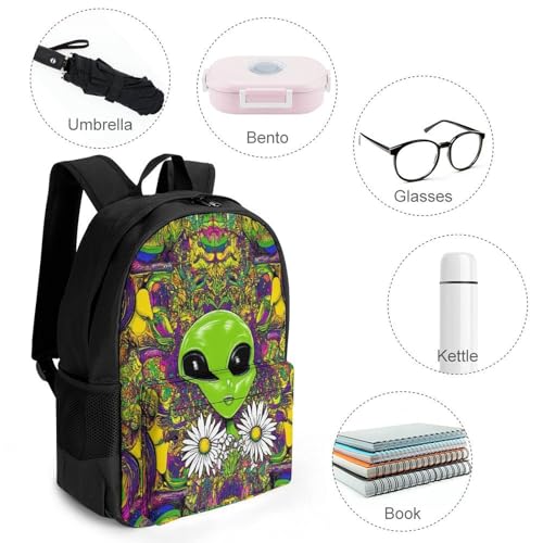 Backpack with Zippered Side Pockets, Unisex Trippy Space Alien Daisy Flowers Art Breathable Backpack for Hiking, Gym, Fashion Adjustable Shoulder Bag4