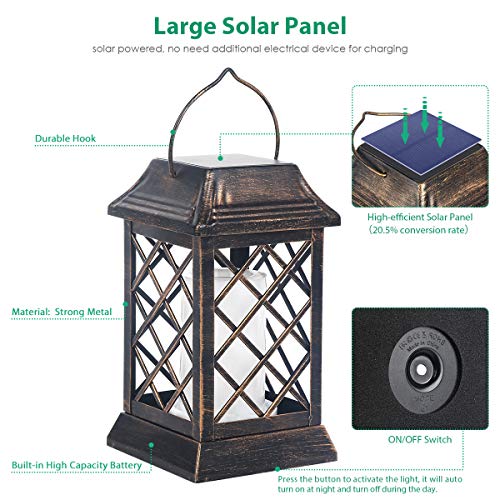 Tomcare Solar Lights Outdoor Flickering Flame Metal Solar Lantern Outdoor Hanging Decorative Lanterns Heavy Duty Waterproof Umbrella Decorations Lighting For Patio Garden Deck Yard, 2 Pack (Bronze) #TOP2