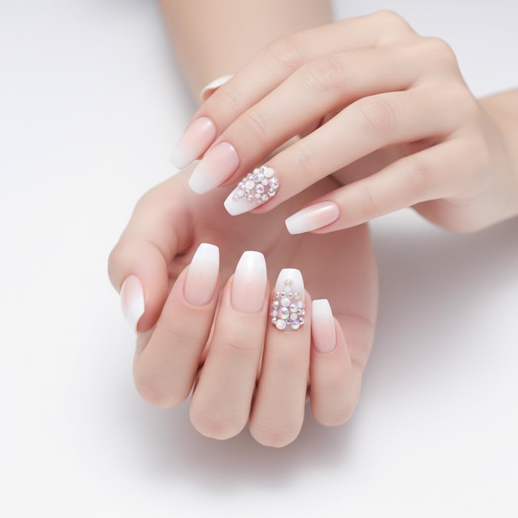 Natural Nude Pink Ombre White French 3D Crystal Design Press On Nails - Long Square Coffin Fake Nails with Rhinestones and Nail Glue, Reusable Nail Tips - Glue On Nails 24 Nail Kit, Glamour Glow