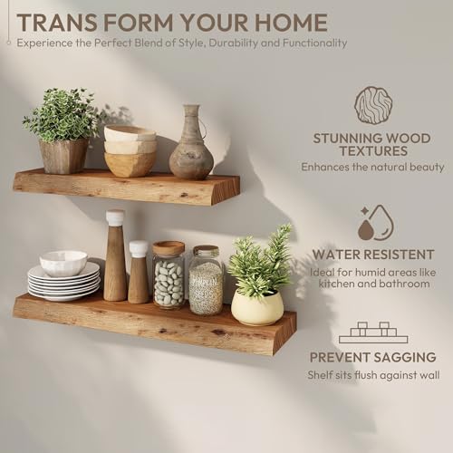 Marsmiles 30 inch Floating Shelves for Wall Elm Wood Live Edge Shelves|Rustic Wall Shelves with Invisible Heavy-Duty Bracket for Bathroom Living Room Kitchen|Natural, 2 Pack - Image 5