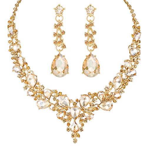 3 Pack Rhinestone Crystal Choker Necklace Tiara Crown Link Bracelet Teardrop Dangle Earrings Jewelry Sets for Women Girls (Gold Plated Champagne Crystal Necklace Bracelet Earrings)