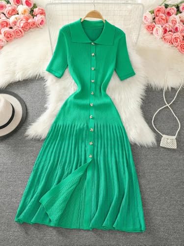 LIXINGHEITANG Summer Women's Black Knitted Long Dress green8 Elegant Office Lady Short Sleeve Pleated3