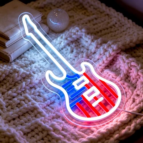 Image of White&Blue Neon Sign Led Neon Lights Signs for Wall Decor USB Powered Led Signs for Room Decoration-American Guitar