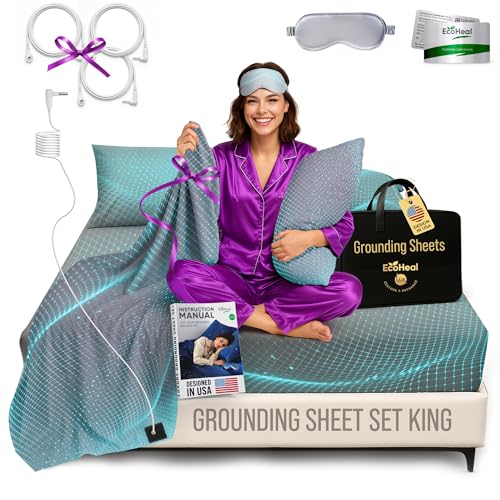 ECOHEAL Grounding Sheet Set - King Size, Gray Fitted & Flat Sheets with Pillowcases - 12% Silver Fiber, 4% Silk, 84% Organic Cotton - Conductive Bed Grounding Kit for Better Sleep