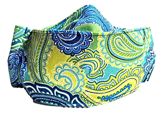 Peyton - Origami 3D Structured Fabric Face Mask - 4 Layers - Washable - Nose Strip - Filter Pocket - Soft Elastic - Ribbon Lanyard - Blue Teal Green Paisley Cotton Print Fabric (Adult Standard)