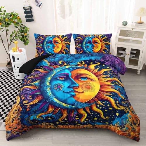 Image of AILONEN Sun and Moon Comforter Set Queen, Sun Moon Celestial Psychedelic Boho Bedding Set,Blue Yelow Star Comforter with 2 Pillowcases