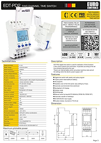 Image of EuroControls Euro Controls EDT-PD2 German Tech - 2 Independent Channel Timer - 24 to 265 V AC /DC - LCD Backlit - 80 Programs Daily /Weekly /Pulse /Holiday modes - Electronic Timer Switch relay