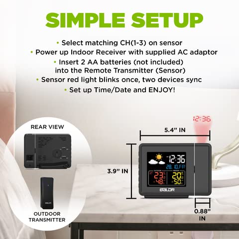 Baldr Projection Alarm Clock - Smart Clocks For Bedrooms, Atomic Digital Alarm Clock W/Large Time Projection On Ceiling, Snooze Button, Displays Time, Date, Indoor/Outdoor Weather & Adjustable Light #TOP5