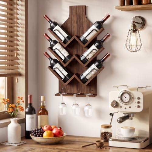 Image of Hoctieon Wine Rack Wall Mounted, 6 Bottles Wood Wine Rack for Display and Storage, Hanging Bottle Holder Bar Shelves for Living Room, Kitchen, Dining Room, Wine Cellar, Walnut