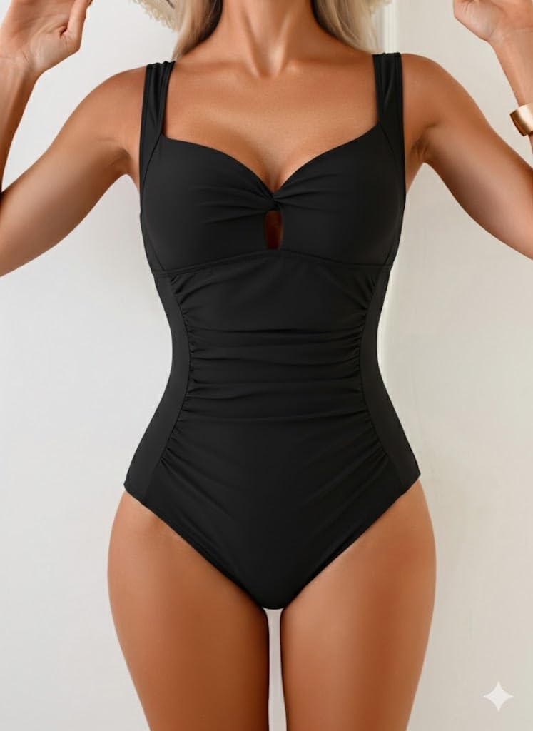One Piece Swimsuits for Women Tummy Control Ruched Twist Front Bathing Suits Vintage V Neck Swimwear - Image 3