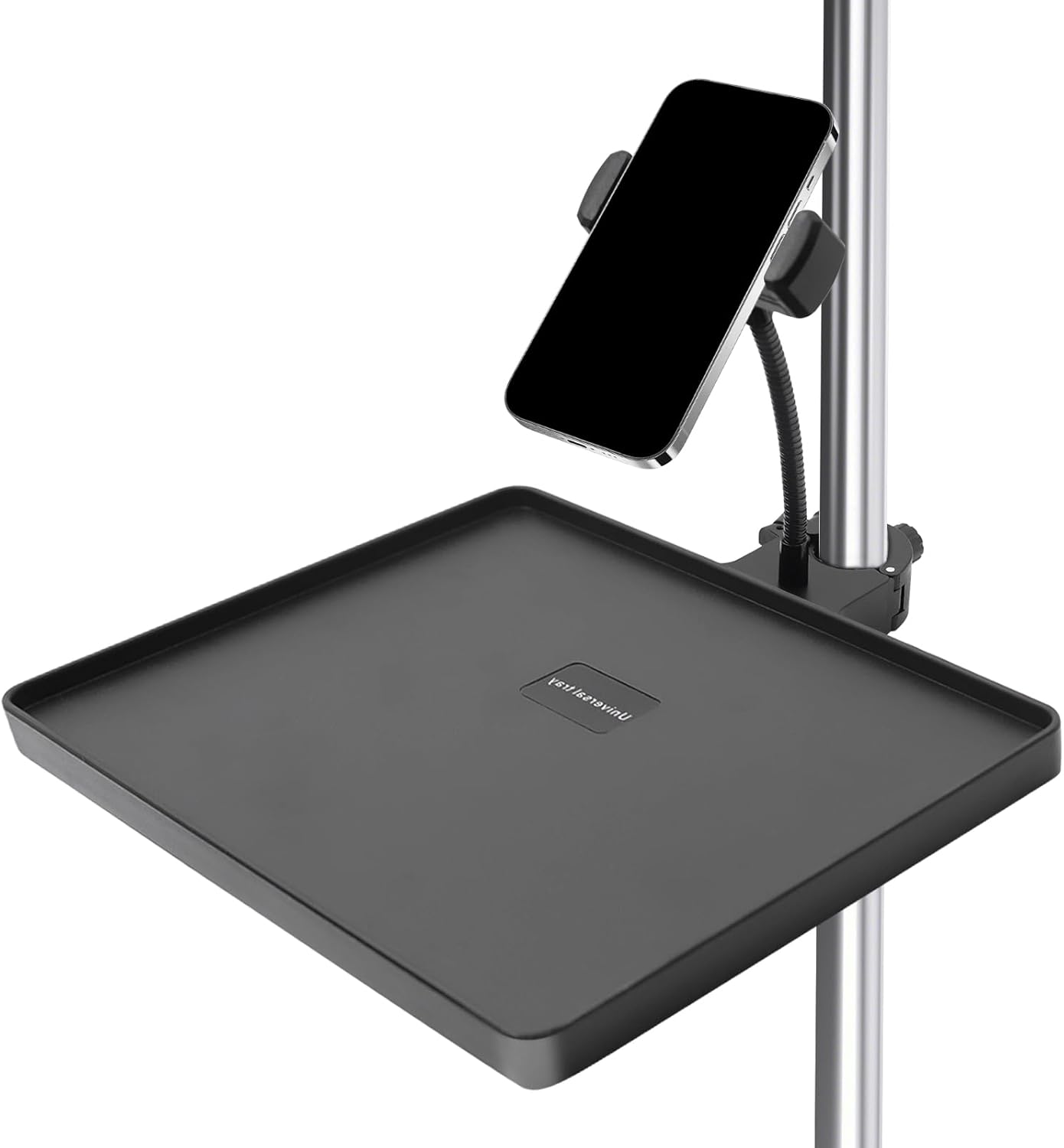 Mic Stand Tray Adjustable Clamp-On Microphone Stand With Phone Holder - Heavy-Duty Utility Rack Tray For Live Streaming Studio, Karaoke Stage, Music Sheet & Podcast Recording (One Phone Holder)