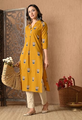 Image of Amazon Brand - Tavasya Women Ethnic Motifs Printed 3 /4th Sleeve Kurta | Straight Fit Shirt Collar Salwar | Everyday Ethnic Wear