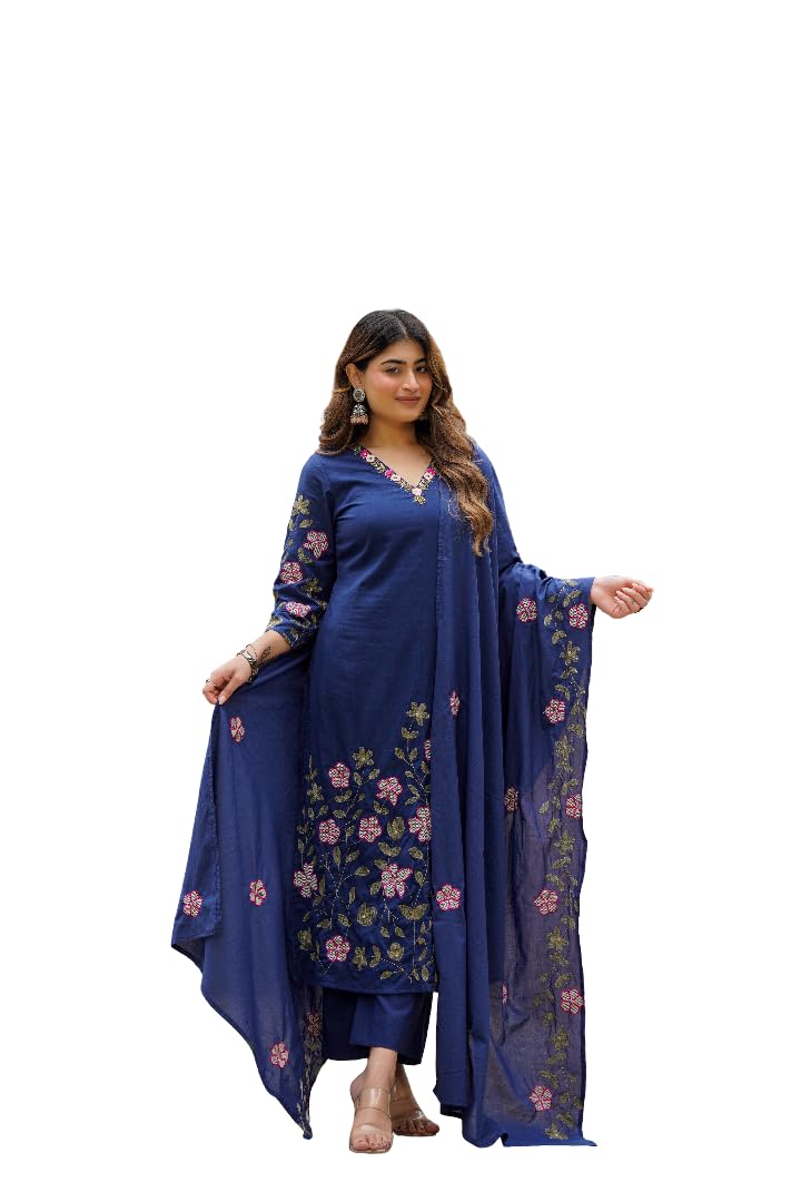 Blue Floral Embroidery Kurta Set with Dupatta P.V Chanderi-image-27