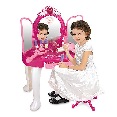 Sainsmart Jr. Pretend Princess Girls Vanity Table With Fairy Infrared Control And Mp3 Music Playing, Princess Dressing Makeup Table, With Mirror, Cosmetics And Working Hair Dryer , Pink #TOP2