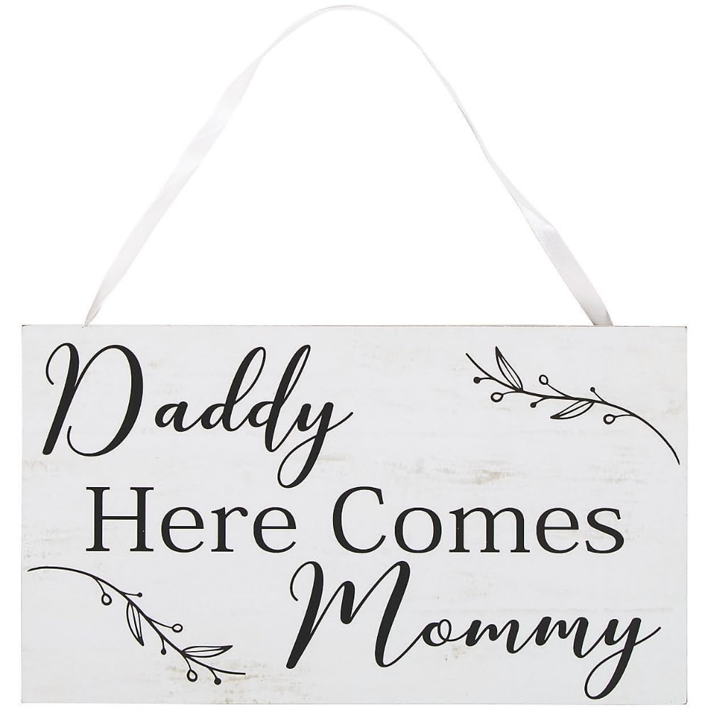 Daddy Here Comes Mommy Wedding Sign - Wood with Ribbon Handle - Ring Bearer Sign and Decor