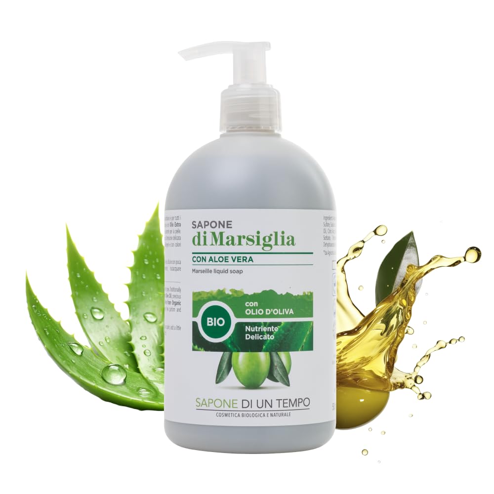 Sapone di un Tempo Sapone di Marsiglia Liquido Naturale con Aloe Vera e Olio d’Oliva 500ml, Profumo Mela Verde | Vegan, Ipoallergenico, Detergente Mani e Corpo per Uso Quotidiano