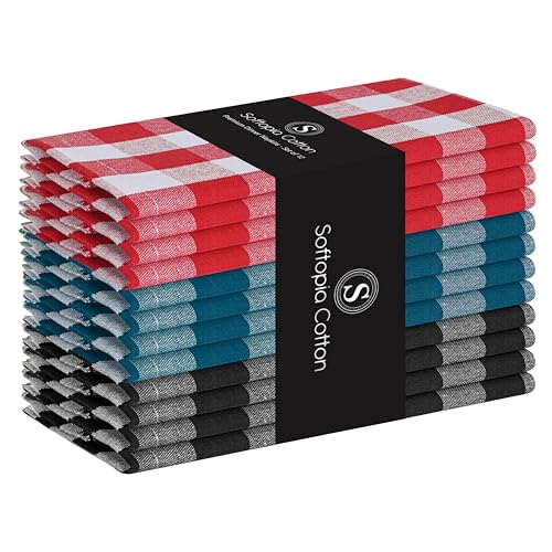 Softopia Cotton Gingham Check Table Napkins Set of 12, Combo Pack, 18"x18", Reusable Fabric Napkins for Entertaining Guests, Washable Serviettes for Parties, Weddings, Everyday Use - Red, Black, Teal