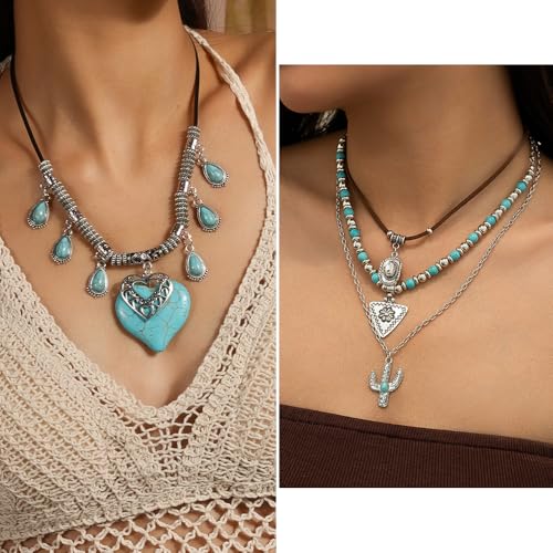 KISS WIFE Western Jewelry Set for Women, Turquoise Vintage Silver Western Necklaces Bracelets Earrings Rings Bohemian vacation Beach Jewelry Sets Gifts for Women2
