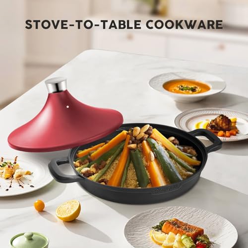 Image of Non-Stick Frying Pan /Skillet 11 inch, 3QT Tagine Pan,Cast Aluminum Pans with Lid, Stove /Oven-to-Table Cookware, Dishwasher Safe& Compatible with All Stovetops(Black Red)
