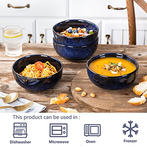 Image of vicrays Ceramic Cereal Bowls - 26 Ounce Porcelain Soup Salad Rice Dessert Cream Set - Chip Resistant Dishwasher Microwave Safe - Set of 6 (Blue)
