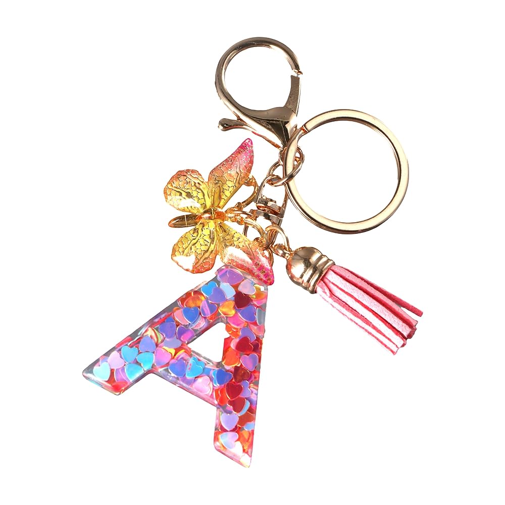 Pokinge Alphabet Initial Letter Keychain with Butterfly Tassel Pendant,Resin Key Ring Charm for Women Purse Bag Handbag