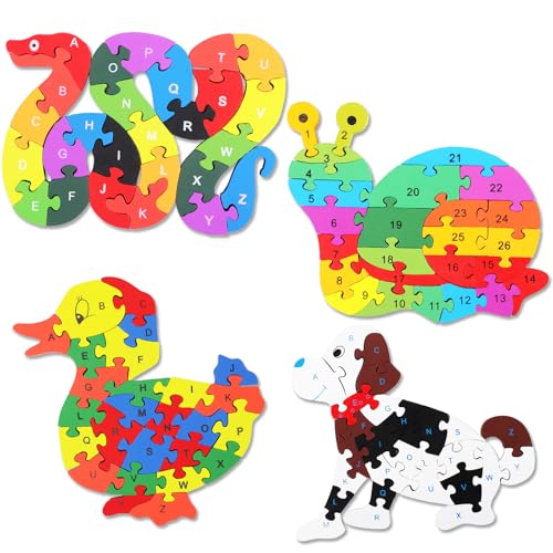 Image of Yunsailing 4 Pcs Alphabet Jigsaw Puzzle Wooden Blocks Toys Alphabet Educational Toddler Puzzle Toys for Preschool Learning Party Favor Gift Learning(Snake, Snail, Duck, Dog)