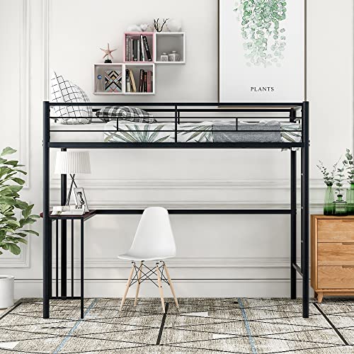 Twin Metal Loft Bed For Teens, Heavy Duty Metal Loft Bed With Desk, High Loft Bed With High Safety Guard Rails, Modern Loft Bed For Kids Teens Adult #TOP2