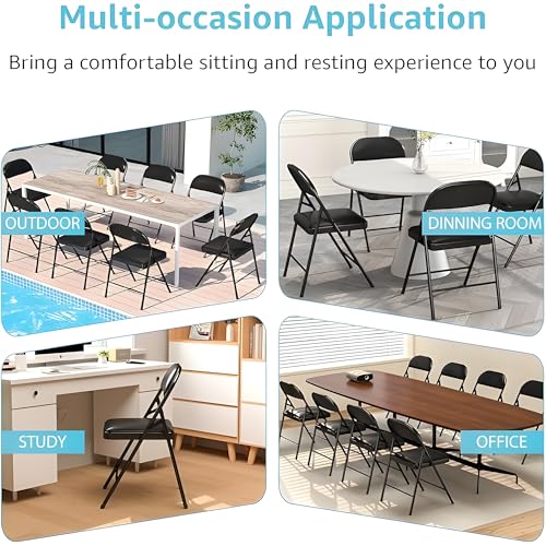 Image of MRC Metal Folding Chair with Super Soft Cushion Seat Upholstered Leatherette for Space-Saving Design for Home, Office, and Dorm Rooms Kitchen,Work,Sturdy,Garden,Balcony,Restaurant Chair - Black
