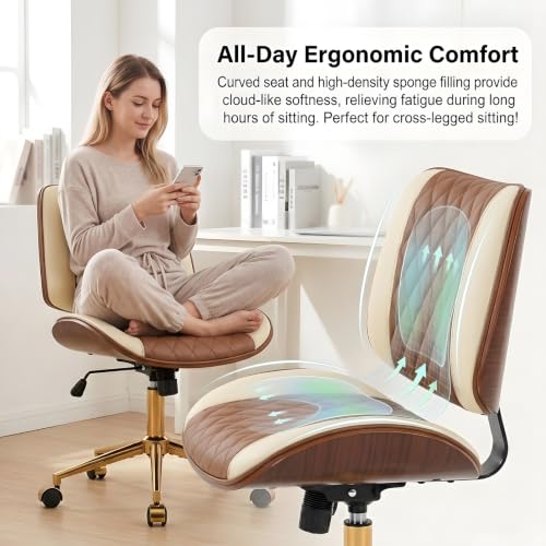FervorFurn Armless Office Chair with Back, Mid Century Modern Walnut Style Desk Chair, No Arms Leather Computer Chair for Home Office, Vanity Chair, Seat-Rocking, Adjustable Height (Brown+Beige) - image 8