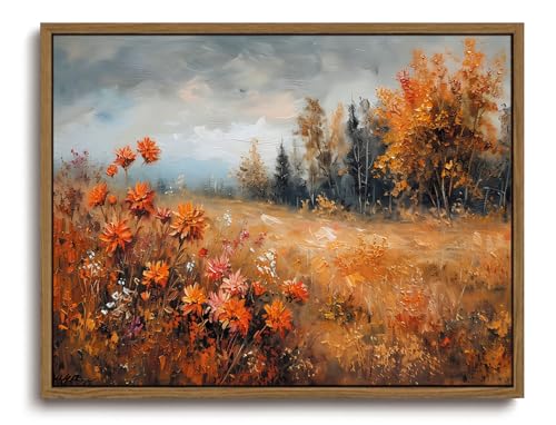 Image of KISSFOX Framed Wall Art Decor Vintage Landscape Pictures Wall Decor Fall Leaves Forest Scenery Canvas Art Farmhouse Countryside Paintings Artwork For Bedroom Kitchen Living Room