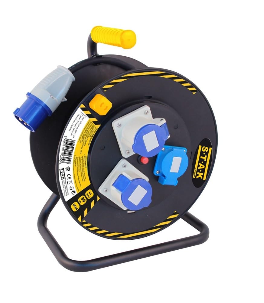 PROLUNGA ELETTRICA INDUSTRIALE 16A 25 METRI CON AVVOLGICAVO H07RN-F 3G2,5 mm² CON 2 PRESE IND. 2P+T 16A + 1 PRESA SCHUKO 220V MONOFASE 3600W MARCA VELAMP