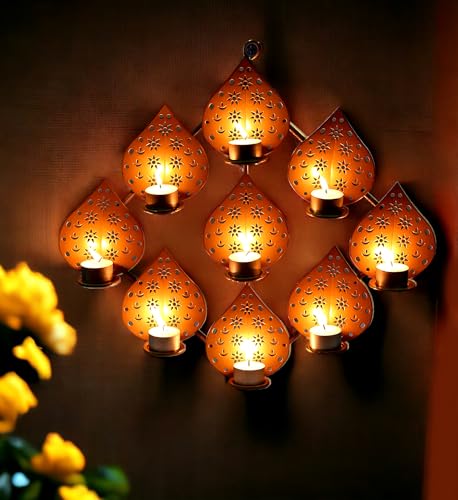 Image of METSY Stylish Metal Cutting Edge Candle Light Holder Leaf in Rectangular Shape | Metal Art | Home Decor Items (Golden Square)