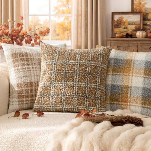 Image of Foindtower Pack of 2 Soft Faux Fur Boucle Throw Decorative Pillow Covers Fuzzy Accent Check Cushion Sherpa Boho Farmhouse Pillowcase for Couch Sofa Bed Living Room Home Decor 18x18 Inch,Light Brown