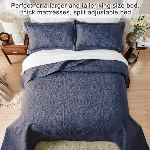 Qucover Oversized King Bedspread 128x120, Soft Microfiber King Size Bedspread Oversized, 3 Piece Ultrasonic Quilting Persian Pattern California King Quilt Set, Navy Blue