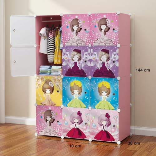 Image of KRISHYAM Kids Modular Storage Cabinet with Cartoon Princess Print Doors, 12 Cube Plastic Wardrobe Organizer, DIY Closet System with Hanging Rod, Toy & Clothes Storage (Barbie Print, 12 Box)