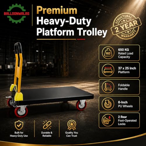 Image of Heavy-Duty Platform Trolley 650 KG, 37 x 25 Inch Steel Deck Platform Truck with Foldable Handle, Lockable 6 Inch PU Wheels for Warehouse, Factory & Industrial Use