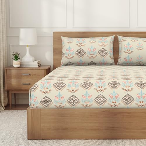 Image of Welspun ENZO Queen Size Fitted Bedsheet with 2 Pillow Covers | 360 Elastic | 100% Pure Cotton | 60 x 78 Inches | Soft, Breathable, Lightweight & Easy Care | Cream