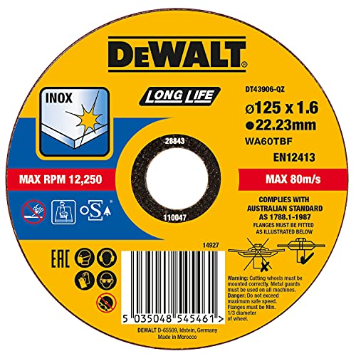 DeWalt DISCO DE CORTE DT43906-QZ EXTREME DE ACERO INOXIDABLE, PLANO, 125 mm, 1,6 mm, 1 pieza